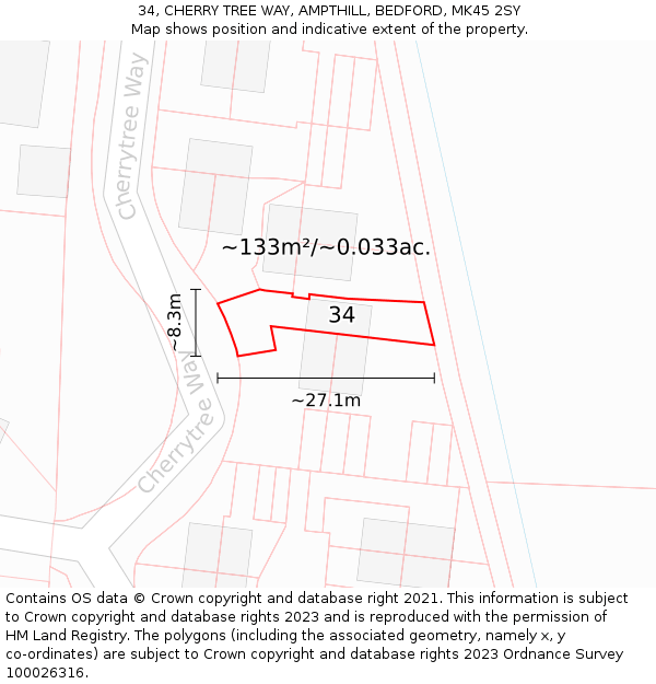 34, CHERRY TREE WAY, AMPTHILL, BEDFORD, MK45 2SY: Plot and title map