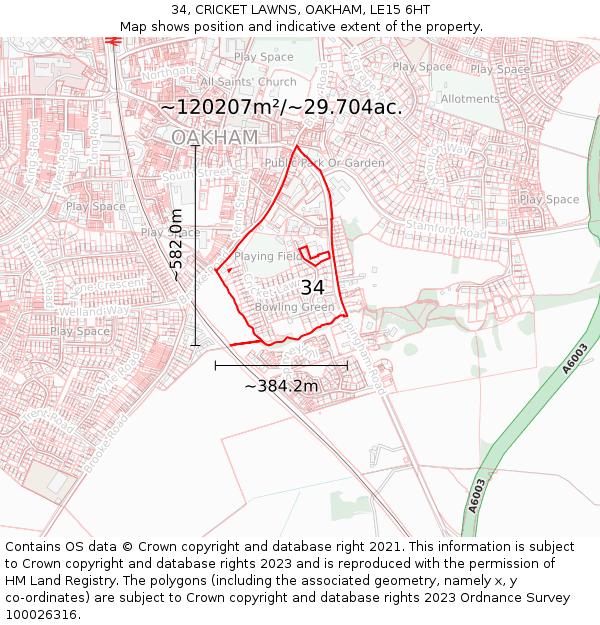 34, CRICKET LAWNS, OAKHAM, LE15 6HT: Plot and title map