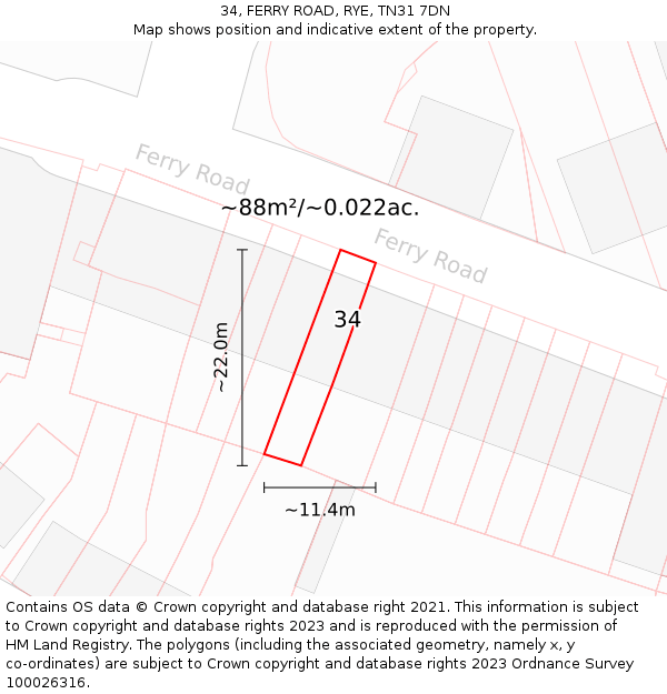 34, FERRY ROAD, RYE, TN31 7DN: Plot and title map