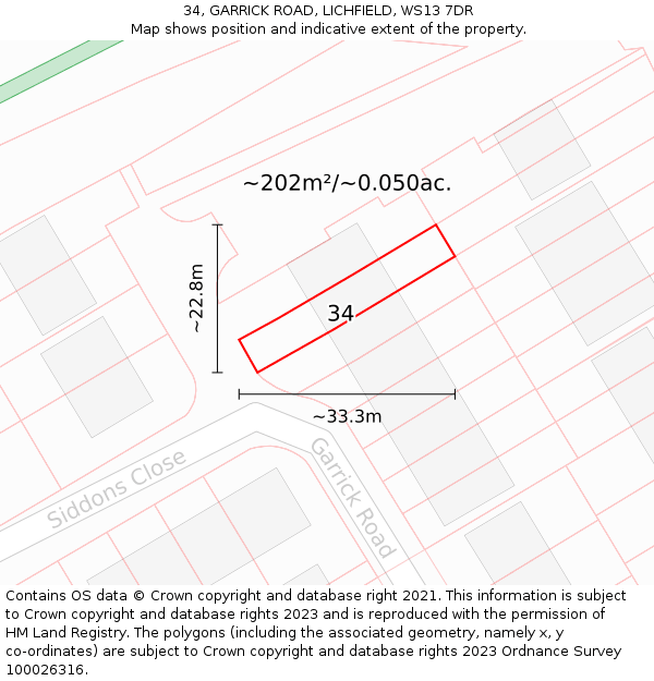 34, GARRICK ROAD, LICHFIELD, WS13 7DR: Plot and title map