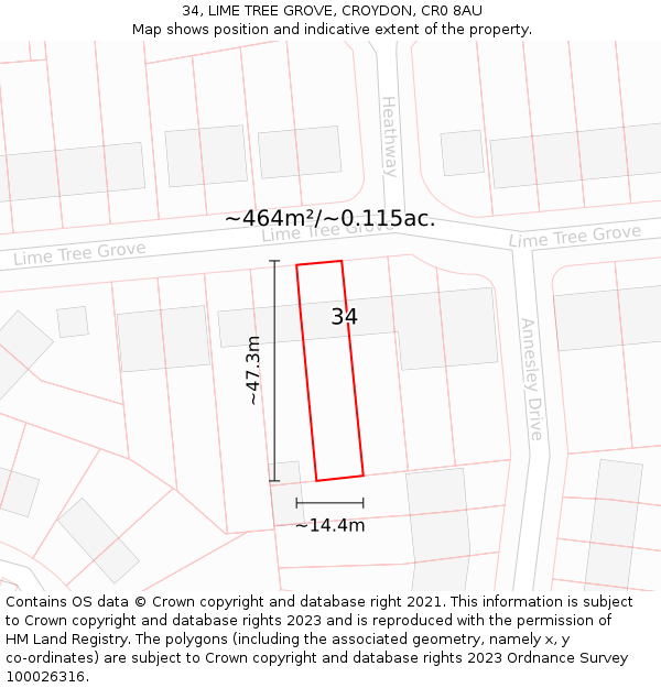 34, LIME TREE GROVE, CROYDON, CR0 8AU: Plot and title map