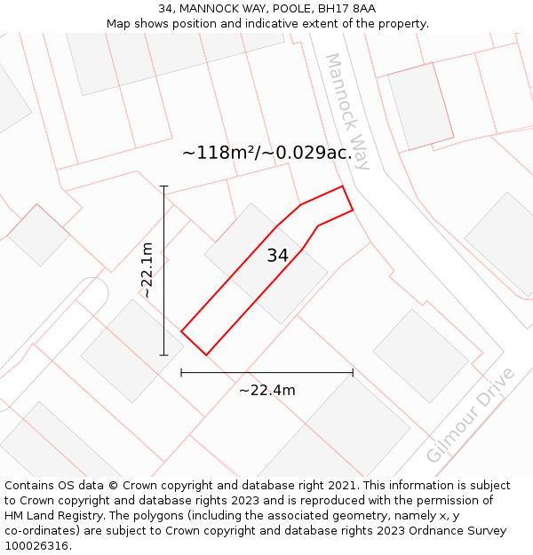 34, MANNOCK WAY, POOLE, BH17 8AA: Plot and title map
