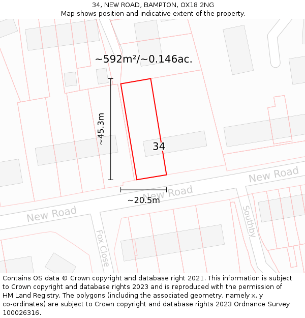 34, NEW ROAD, BAMPTON, OX18 2NG: Plot and title map