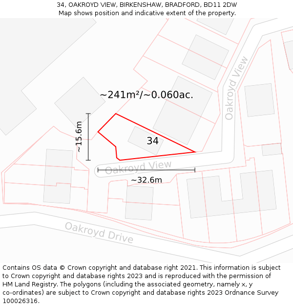 34, OAKROYD VIEW, BIRKENSHAW, BRADFORD, BD11 2DW: Plot and title map