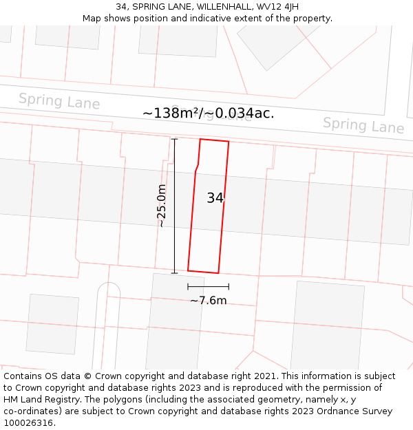 34, SPRING LANE, WILLENHALL, WV12 4JH: Plot and title map