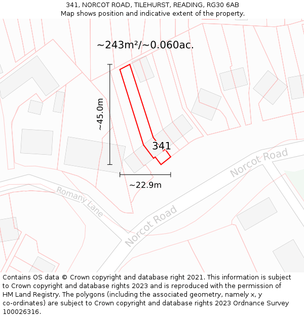 341, NORCOT ROAD, TILEHURST, READING, RG30 6AB: Plot and title map