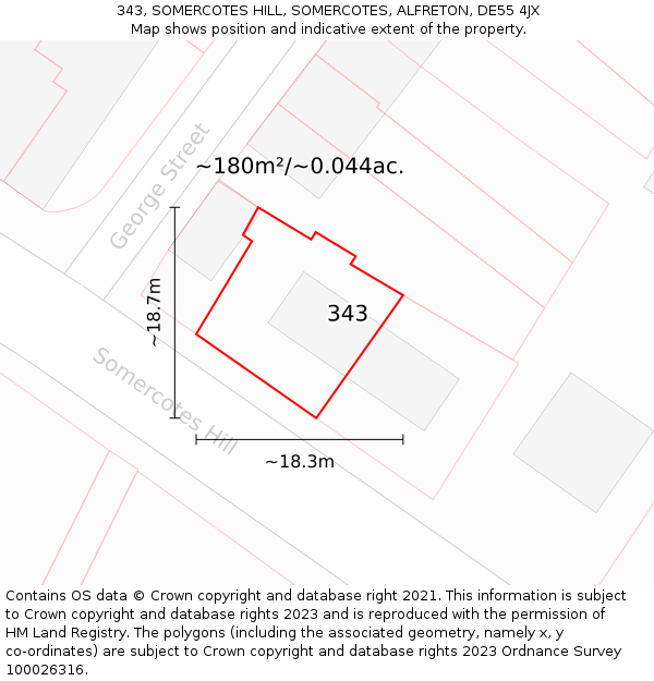 343, SOMERCOTES HILL, SOMERCOTES, ALFRETON, DE55 4JX: Plot and title map