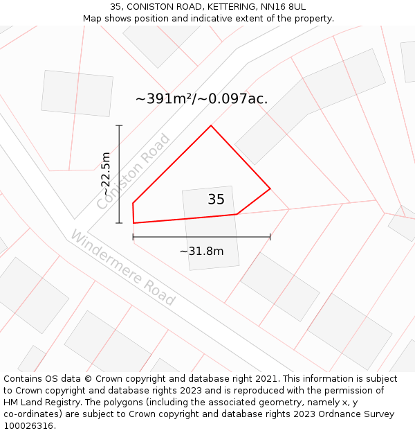 35, CONISTON ROAD, KETTERING, NN16 8UL: Plot and title map