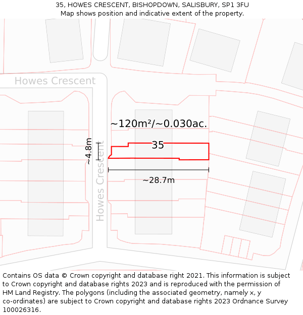 35, HOWES CRESCENT, BISHOPDOWN, SALISBURY, SP1 3FU: Plot and title map