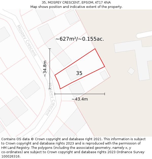 35, MOSPEY CRESCENT, EPSOM, KT17 4NA: Plot and title map