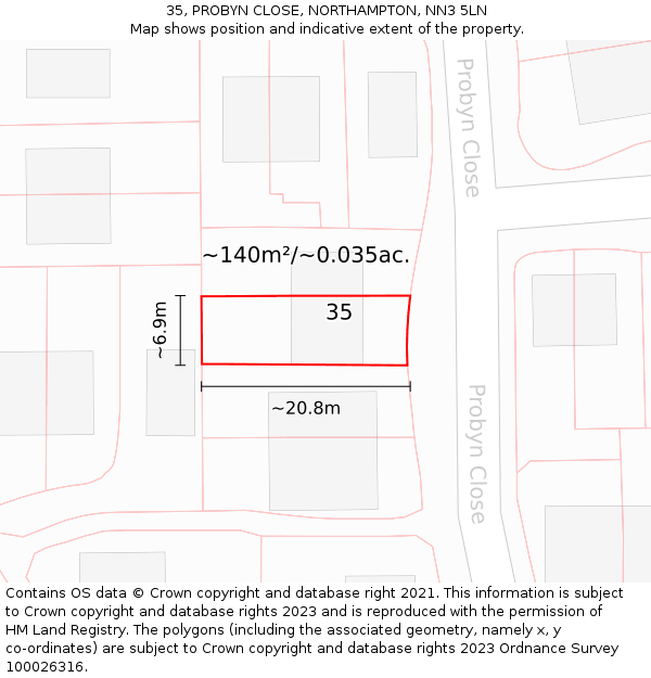 35, PROBYN CLOSE, NORTHAMPTON, NN3 5LN: Plot and title map