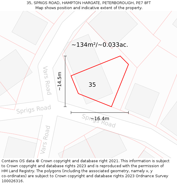 35, SPRIGS ROAD, HAMPTON HARGATE, PETERBOROUGH, PE7 8FT: Plot and title map