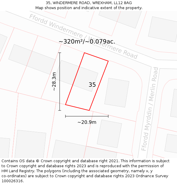 35, WINDERMERE ROAD, WREXHAM, LL12 8AG: Plot and title map