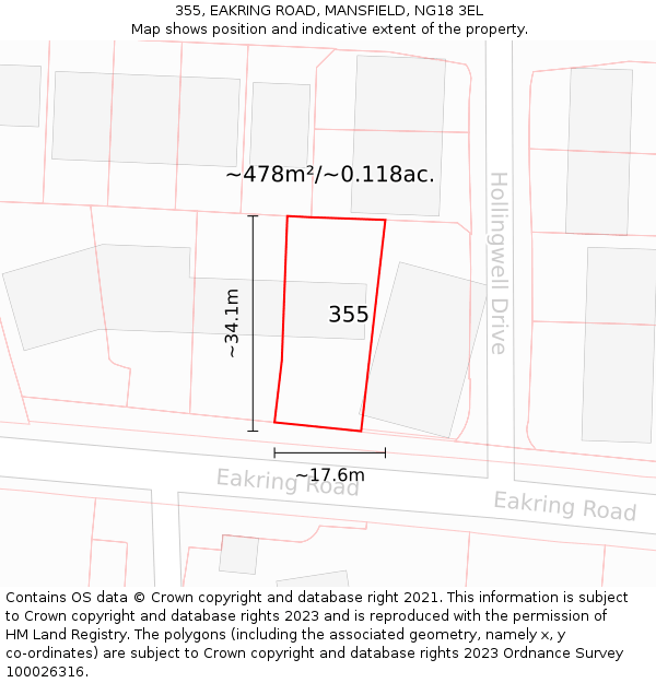 355, EAKRING ROAD, MANSFIELD, NG18 3EL: Plot and title map