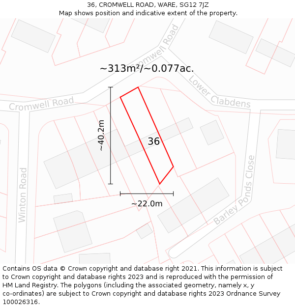 36, CROMWELL ROAD, WARE, SG12 7JZ: Plot and title map