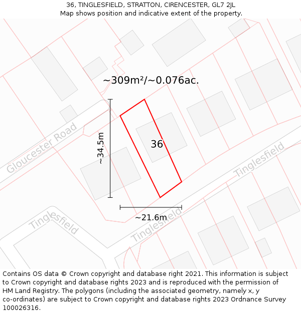 36, TINGLESFIELD, STRATTON, CIRENCESTER, GL7 2JL: Plot and title map