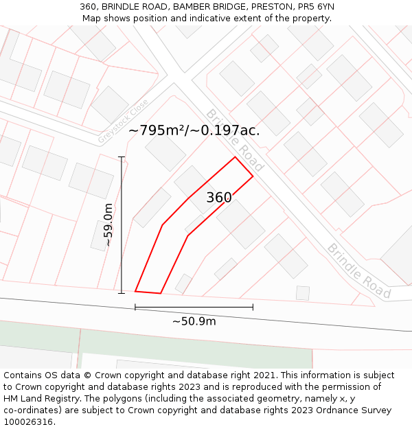 360, BRINDLE ROAD, BAMBER BRIDGE, PRESTON, PR5 6YN: Plot and title map