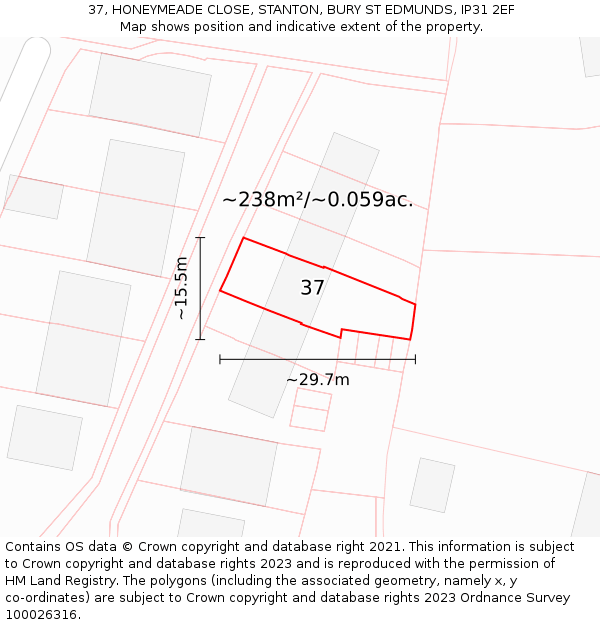 37, HONEYMEADE CLOSE, STANTON, BURY ST EDMUNDS, IP31 2EF: Plot and title map