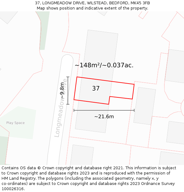37, LONGMEADOW DRIVE, WILSTEAD, BEDFORD, MK45 3FB: Plot and title map
