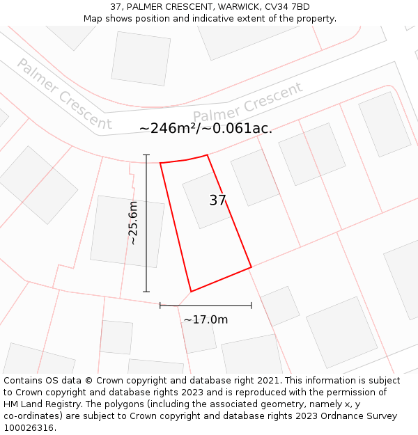 37, PALMER CRESCENT, WARWICK, CV34 7BD: Plot and title map