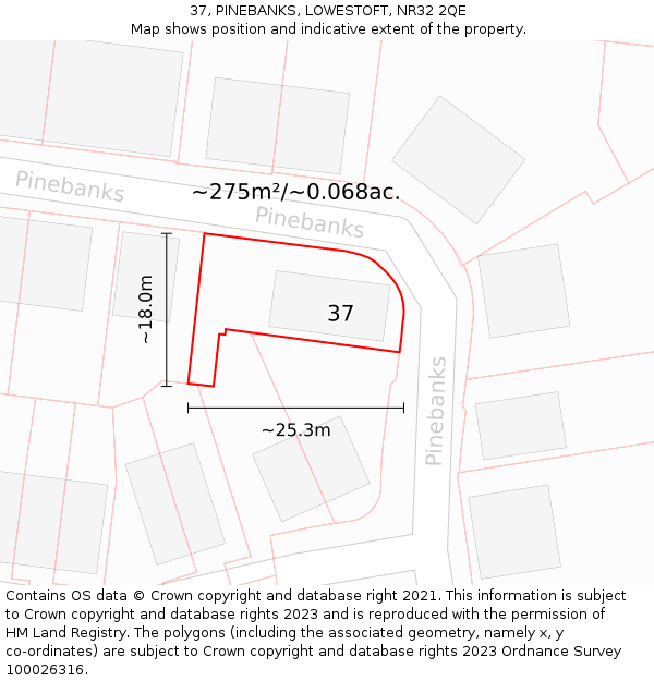 37, PINEBANKS, LOWESTOFT, NR32 2QE: Plot and title map