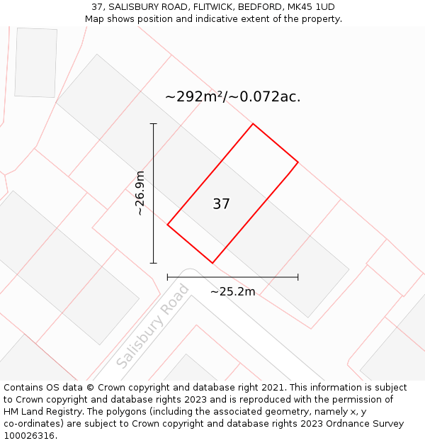 37, SALISBURY ROAD, FLITWICK, BEDFORD, MK45 1UD: Plot and title map