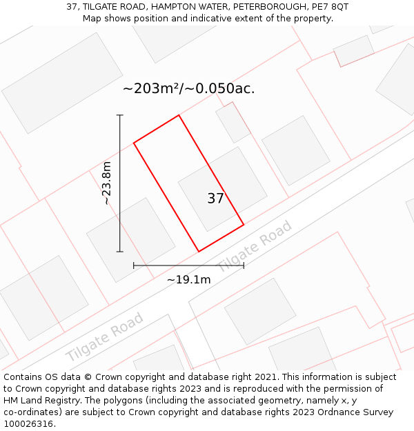 37, TILGATE ROAD, HAMPTON WATER, PETERBOROUGH, PE7 8QT: Plot and title map