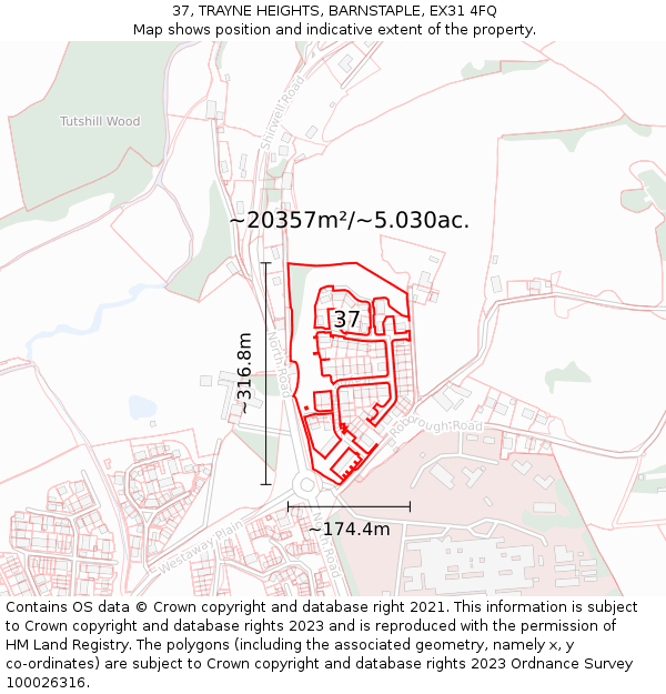 37, TRAYNE HEIGHTS, BARNSTAPLE, EX31 4FQ: Plot and title map