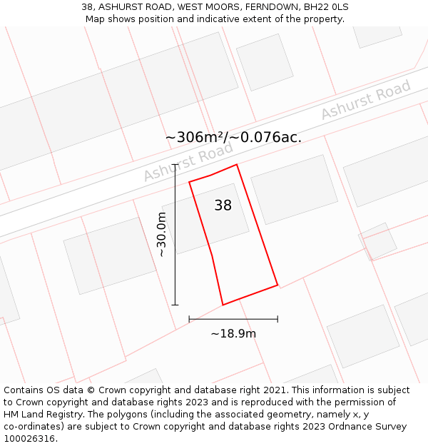 38, ASHURST ROAD, WEST MOORS, FERNDOWN, BH22 0LS: Plot and title map