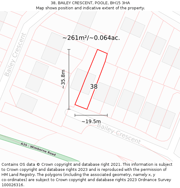 38, BAILEY CRESCENT, POOLE, BH15 3HA: Plot and title map