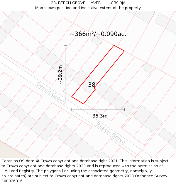 38, BEECH GROVE, HAVERHILL, CB9 9JA: Plot and title map