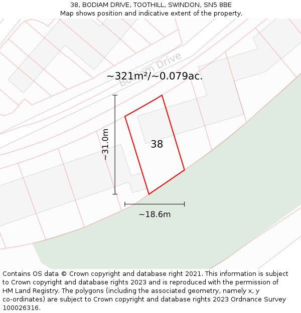 38, BODIAM DRIVE, TOOTHILL, SWINDON, SN5 8BE: Plot and title map