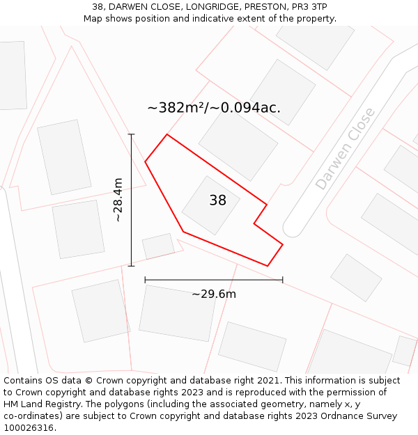 38, DARWEN CLOSE, LONGRIDGE, PRESTON, PR3 3TP: Plot and title map