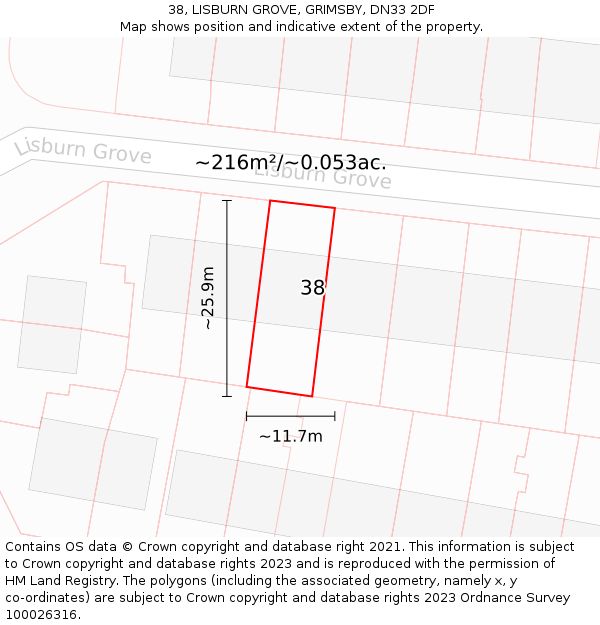 38, LISBURN GROVE, GRIMSBY, DN33 2DF: Plot and title map