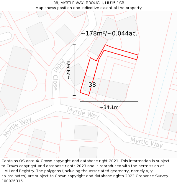 38, MYRTLE WAY, BROUGH, HU15 1SR: Plot and title map