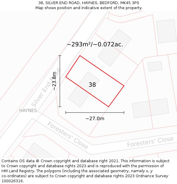 38, SILVER END ROAD, HAYNES, BEDFORD, MK45 3PS: Plot and title map