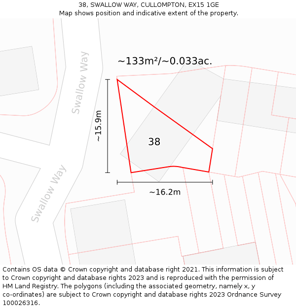38, SWALLOW WAY, CULLOMPTON, EX15 1GE: Plot and title map