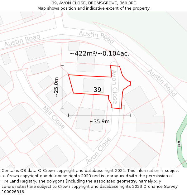 39, AVON CLOSE, BROMSGROVE, B60 3PE: Plot and title map