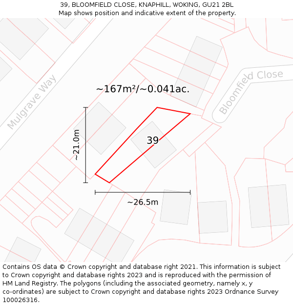 39, BLOOMFIELD CLOSE, KNAPHILL, WOKING, GU21 2BL: Plot and title map