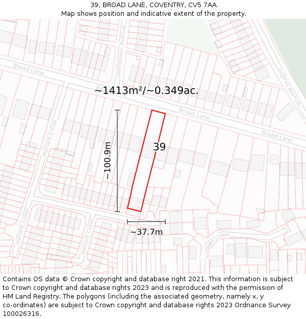 39, BROAD LANE, COVENTRY, CV5 7AA: Plot and title map