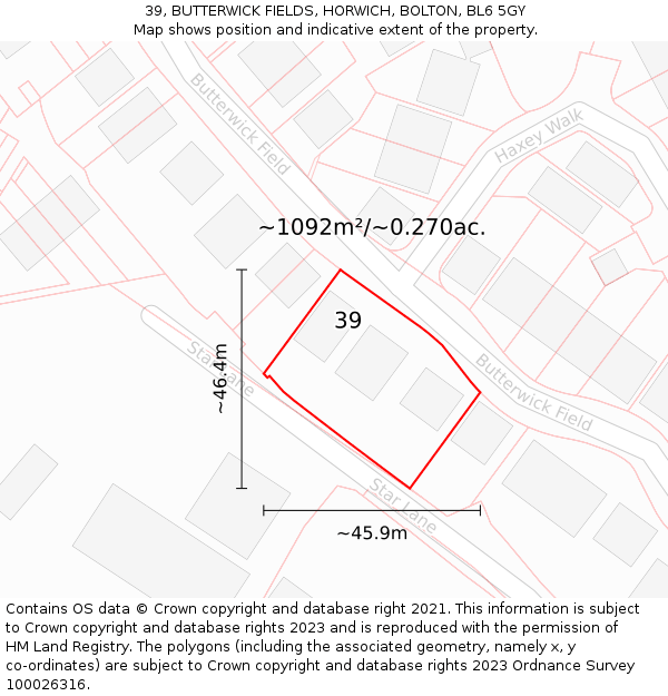 39, BUTTERWICK FIELDS, HORWICH, BOLTON, BL6 5GY: Plot and title map