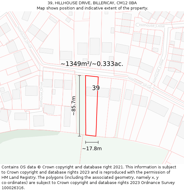 39, HILLHOUSE DRIVE, BILLERICAY, CM12 0BA: Plot and title map