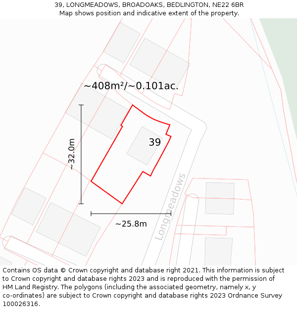 39, LONGMEADOWS, BROADOAKS, BEDLINGTON, NE22 6BR: Plot and title map