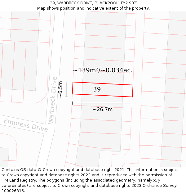 39, WARBRECK DRIVE, BLACKPOOL, FY2 9RZ: Plot and title map