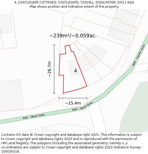 4, CASTLEGATE COTTAGES, CASTLEGATE, TICKHILL, DONCASTER, DN11 9QQ: Plot and title map