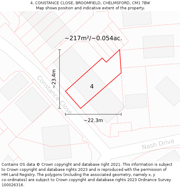 4, CONSTANCE CLOSE, BROOMFIELD, CHELMSFORD, CM1 7BW: Plot and title map