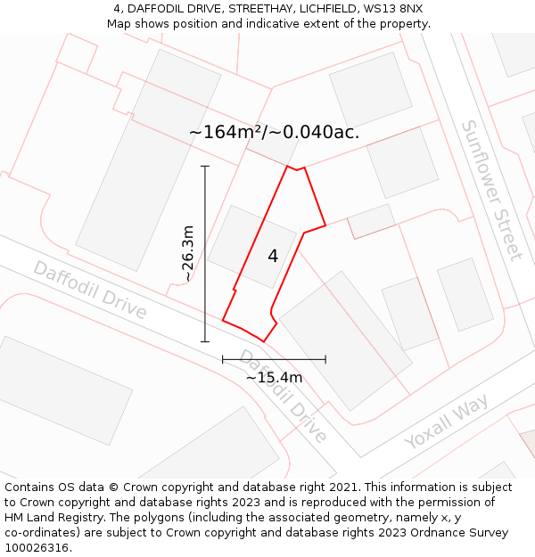4, DAFFODIL DRIVE, STREETHAY, LICHFIELD, WS13 8NX: Plot and title map