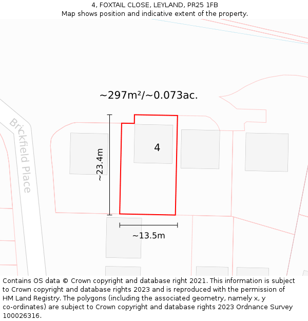 4, FOXTAIL CLOSE, LEYLAND, PR25 1FB: Plot and title map