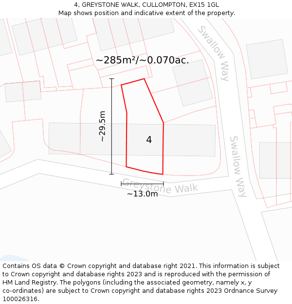 4, GREYSTONE WALK, CULLOMPTON, EX15 1GL: Plot and title map