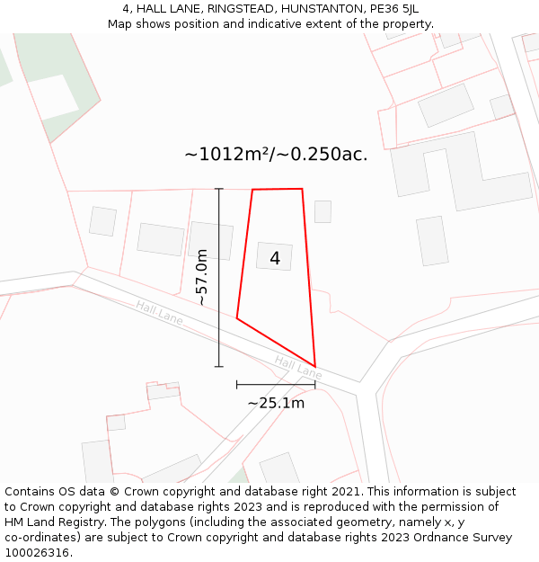 4, HALL LANE, RINGSTEAD, HUNSTANTON, PE36 5JL: Plot and title map